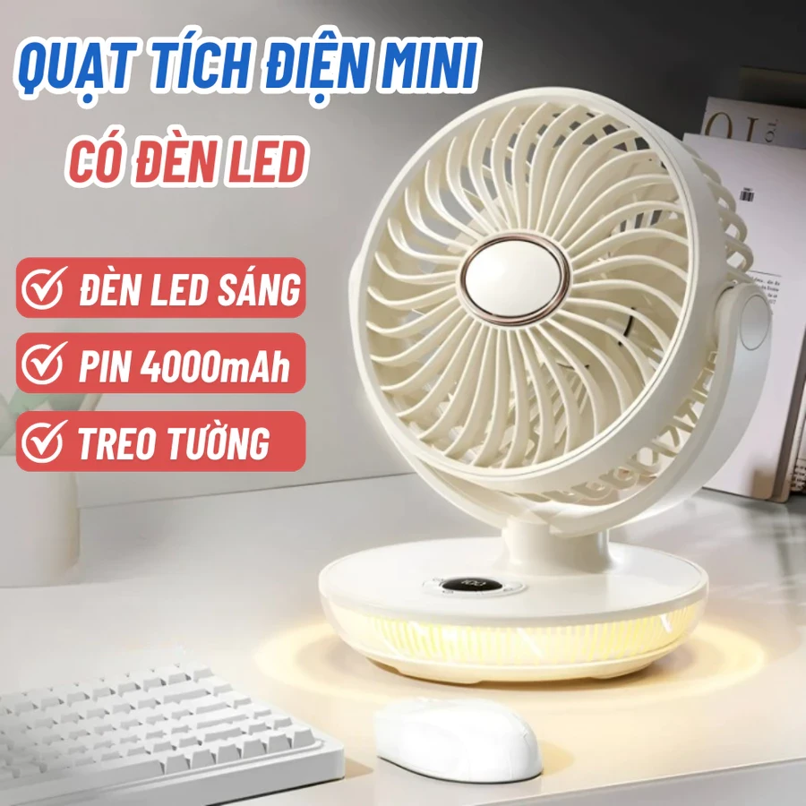 Quạt Tích Điện Mini Có Đèn Led Siêu Sáng Pin 4000mAh Có Thể Gắn Tường Hoặc Treo Lên, Quạt Để Bàn Tích Điện Có Đèn Led